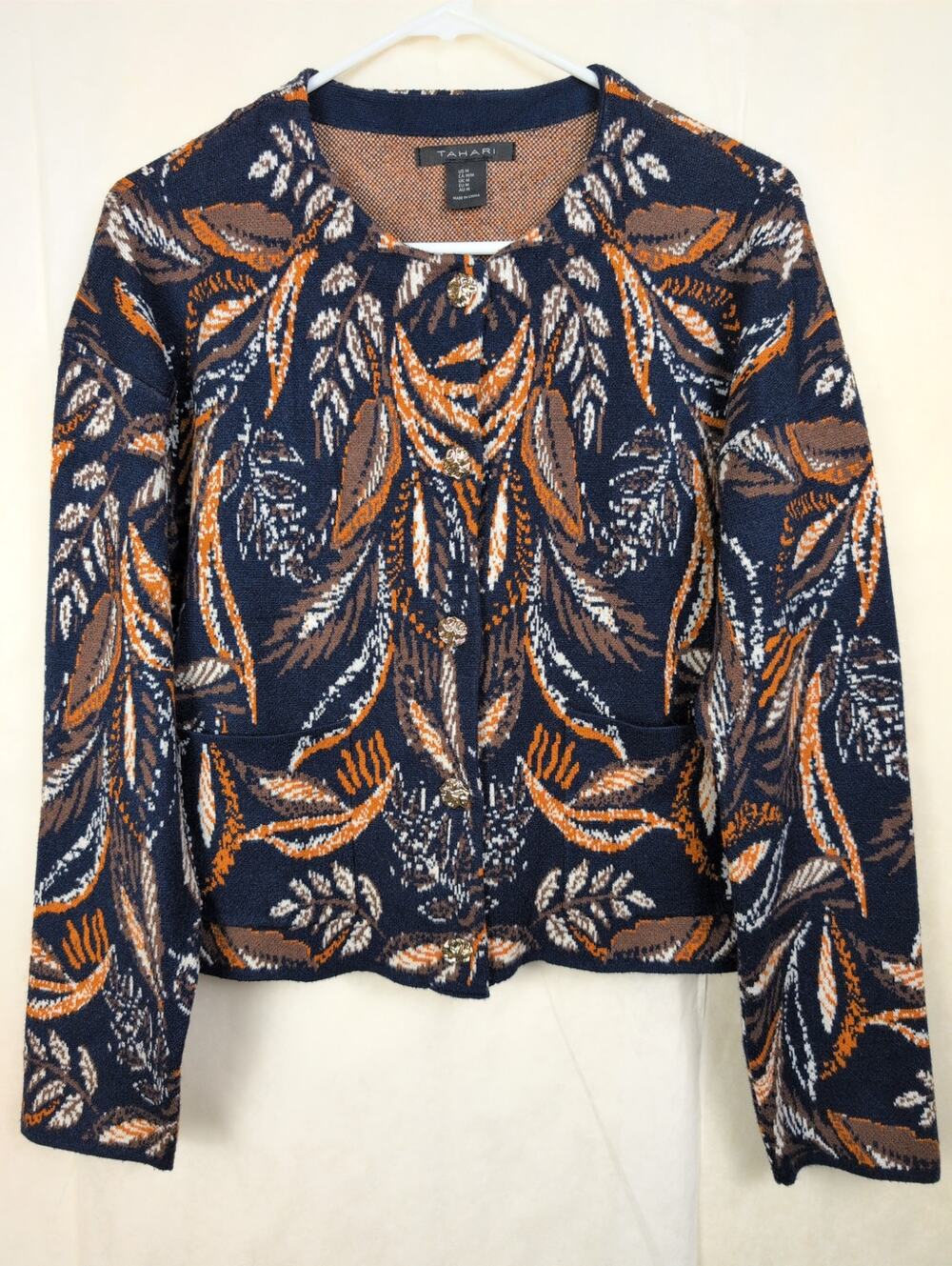 Tahari navy brown leaf button up cardigan sweater Size M Preppy Retro Old Money